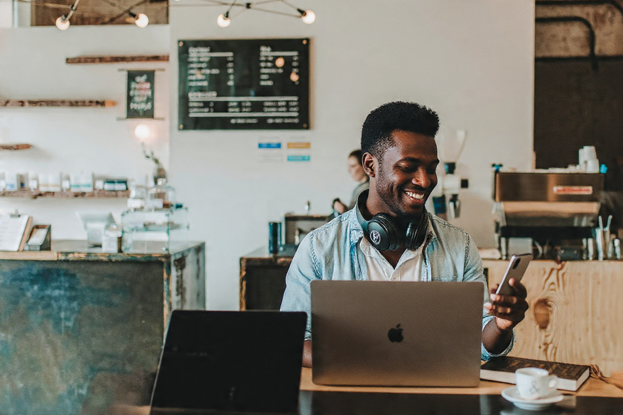 A person smiling while talking on the phone next to a laptop