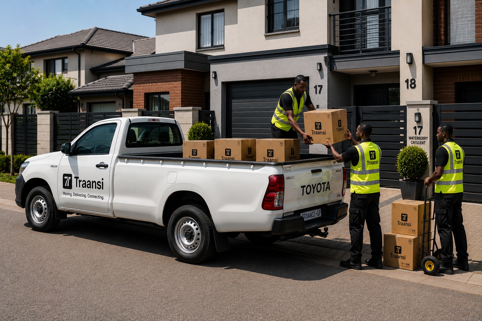 Traansi driver partners loading boxes into a branded pickup truck